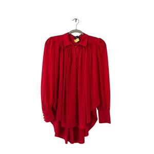 Amaryllis Pleated High-Low Button Front Blouse Size M/L Red Long Sleeve
